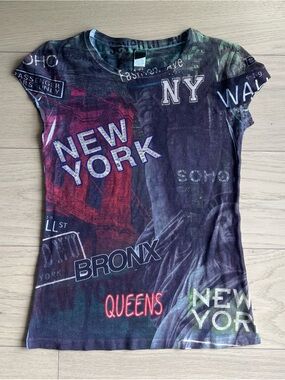 New York Graphic Tee - Multicolor City Print with Rhinestone Details